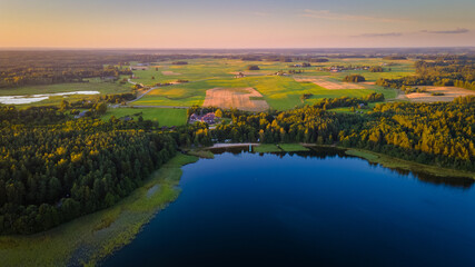 Fototapeta na wymiar Aerial view of lake Plateliai and SALA resort panorama by drone
