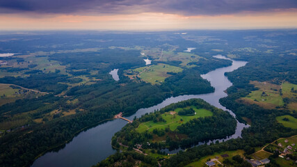 Aerial view of Dubingiai bridge across lake Asveja by drone