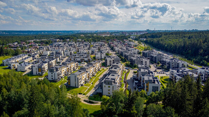 Aerial view of Santariskes living district in Vilnius by drone