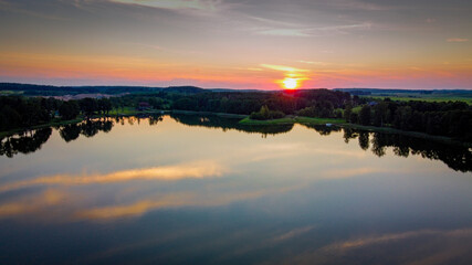 Aerial view of sunset near lake Vilkoksnis by Drone