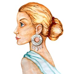 portrait of a woman, Beautiful woman hand drawn watercolor profile, fashion illustration, pretty woman with big round earrings