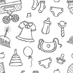 Vector Doodle Seamless Pattern with Cute Elements for Newborn Baby.Ornament with Line Kid's Accessories,Toys for Girl in Sketch style. Illustration for Print,Design, Wrapping Paper, Wallpaper,Textile.