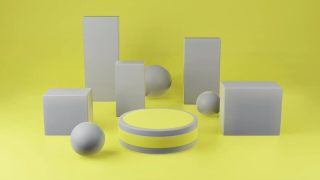 Yellow cylinder podium with gray girdle or stage background for show product with gray sphere and cube on yellow background and copy space animation 3d render.