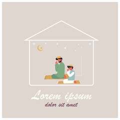 Fototapeta premium Minimal flat vector illustration stay home, stay safe for self quarantine Ramadan Kareem. Eid al-Fitr Mubarak Islamic Feast Greetings.Family pray or duah to God at home in Ramadan holiday.