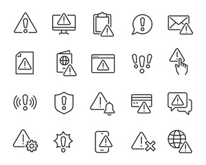 Warning icons set. Collection of linear simple web icons such as Exclamation Mark, Warning Sign, Security, Error, Attack, Stop, Notification and others. Editable vector stroke. - obrazy, fototapety, plakaty