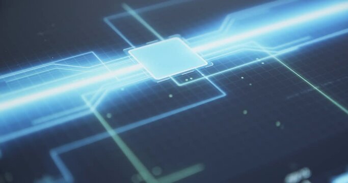 Human finger turns on touch futuristic screen button. Activates futuristic artificial intelligence network engine.