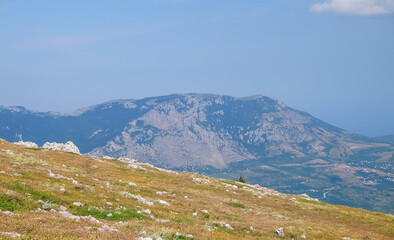 View of the Demerdzhi mountain range from the upper plateau of Chatyr-Dag in Crimea.