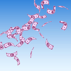 European Union Euro notes falling. Floating EUR bills on blue sky background. Europe money. Amusing vector illustration. Extra jackpot, wealth or success concept.