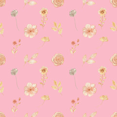 Fototapeta na wymiar Seamless Pattern Plants Flowers Pink Background Watercolor Illustration Textile