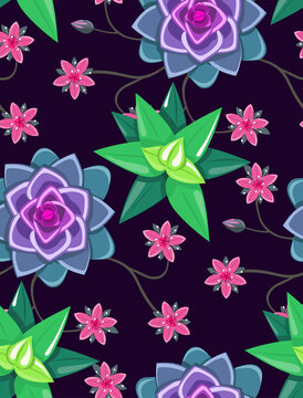 Seamless pater flowers succulents on dark background