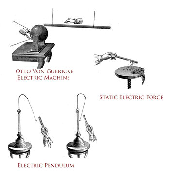 Electricity and electrostatic induction: Von Guerike frictional electrical machine, electric pendulum and static electric force, 19th century illustration
