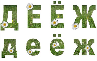 Collage: set of uppercase and lowercase letters of the Russian alphabet from grass and flowers on a white background. It's not a word, just letters d, e, je, g. There is no translation