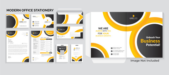 Corporate Identity Print Template Set of Business Card, Id Card, Letterhead, Invoice, Envelope, Presentation Folder. Office Stationery Template. Business stationery background design collection.