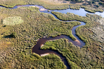 Aerial view to wild nature of Delta Okavango in Botswana.