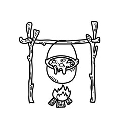 Vector Doodle Camping Pot with Soup Hanging on Wooden Log.Hand Drawn Travel Cooking on the Bonfire in Sketch style.Line Hiking Food in Cauldron for Design,Web, Graphic,Print.Outline Forest Lifestyle.