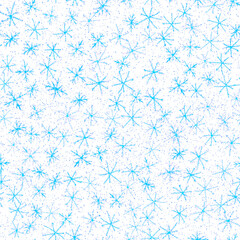 Hand Drawn blue Snowflakes Christmas Seamless Pattern. Subtle Flying Snow Flakes on white Background. Curious chalk handdrawn snow overlay. Radiant holiday season decoration.
