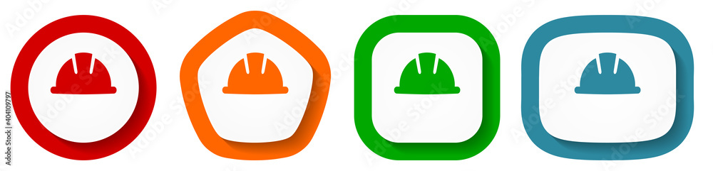Poster helmet, safety, engineer, worker vector icon set, flat design buttons on white background