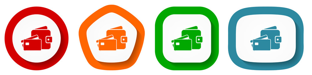 Obraz premium Wallet and credit cards, business vector icon set, flat design buttons on white background
