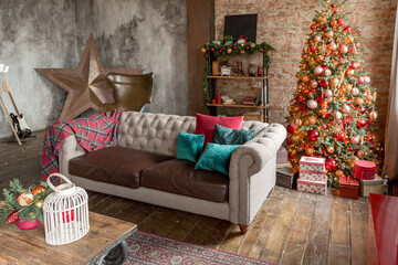 unusual dark interior of the living room in the loft style is decorated with a Christmas tree