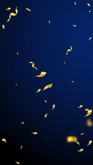 Streamers and confetti. Gold streamers tinsel and foil ribbons. Confetti explosion on dark blue background. Beautiful party overlay template. Incredible celebration concept.
