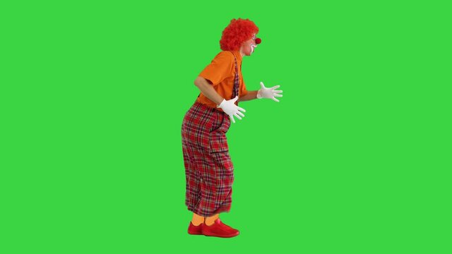 Funny clown walking fast and making wait for me gesture on a Green Screen, Chroma Key.