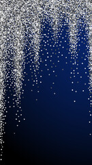 Round silver glitter luxury sparkling confetti. Scattered small gold particles on dark blue background. Eminent festive overlay template. Mesmeric vector background.