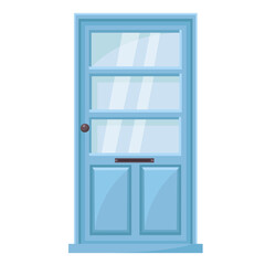 Vector Blue Entrance Door with Decorative Glass Window in Cartoon style.Illustration of an Exterior Element for Web,Graphics, and Design.Classic Front Door.Isolated on a white background.
