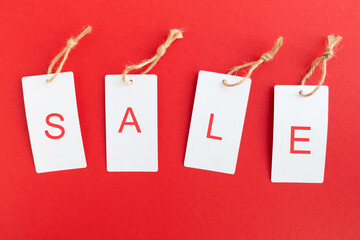 Four labels with the words Sale on a red background. Banner, poster, showcase.