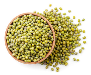 Mang beans in wooden plate on white background, isolated. The view from top