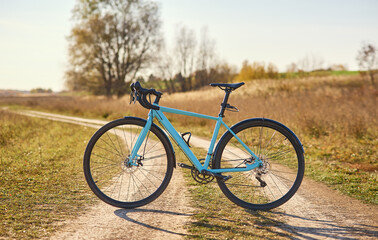 Fototapeta premium A sports bicycle on a field road in a sunny clear weather.