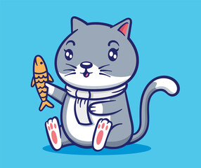 Cute cat holding fish cartoon icon illustration.,vector eps10