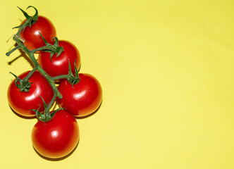 Branch of juicy cherry tomatoes on a yellow background