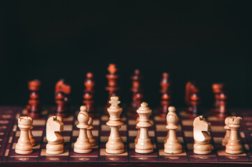 Chess board with chess pieces. Business success concept. Strategy. Checkmate.