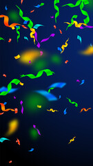 Fototapeta na wymiar Streamers and confetti. Festive streamers tinsel and foil ribbons. Confetti gradient on dark blue background. Bewitching party overlay template. Overwhelming celebration concept.