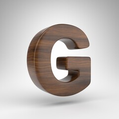 Letter G uppercase on white background. Dark oak 3D rendered font with brown wood texture.