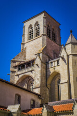 One of the two towers of the gothic abbey church of La Chaise Dieu, a 11th century abbey in Auvergne (France)