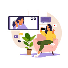 Woman using phone for collective virtual meeting and group video conference. Woman chatting with friends online. Video conference, remote work, technology concept.