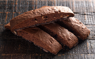 Chocolate and Nut Biscotti on Rustic Wooden Table
