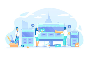 A team of web designers are working together to develop a ui-ux website design. Web Design. Website template for monitor, laptop, tablet, phone. Vector illustration flat style.
