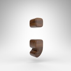 Semicolon symbol on white background. Dark oak 3D rendered sign with brown wood texture.