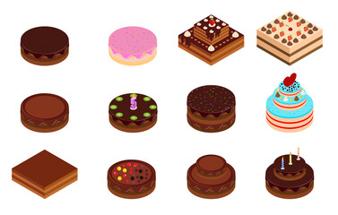 Holiday isometric cakes with decorations.