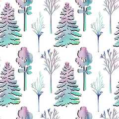 Watercolor Winter Forest background, trees pattern, seamless digital paper.