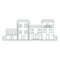Naklejka premium City street - modern thin line design style vector illustration on white background. Pink colored high quality composition with facades of houses, apartment buildings, church, tree, shop, citizens
