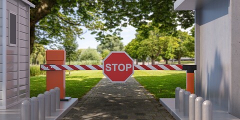 Closed barrier gate and stop sign, green nature background. 3d illustration © Rawf8