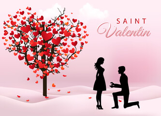 Plakat carte ou bandeau sur la Saint Valentin en rouge et rose avec un homme et une femme en noir et à coté un arbre avec des feuilles en forme de coeur sur un fond rose en dégradé