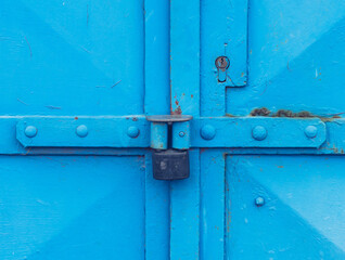 Door lock system detail. Blue industrial double door with rusty marks.