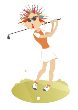 Young golfer woman on the golf course illustration. Young golfer woman in sunglasses tries to do a good hit isolated on white
