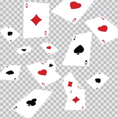 Falling playing cards aces isolated on transparent background. Vector template for casino and gambling concept