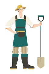 Farmer man character standing with shovel in his hand. Vector illustration. Isolated on white.