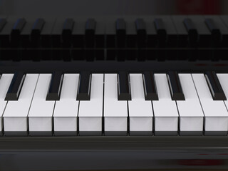 Realistic rendering of a black piano in the front view with key details, close-up detail shooting